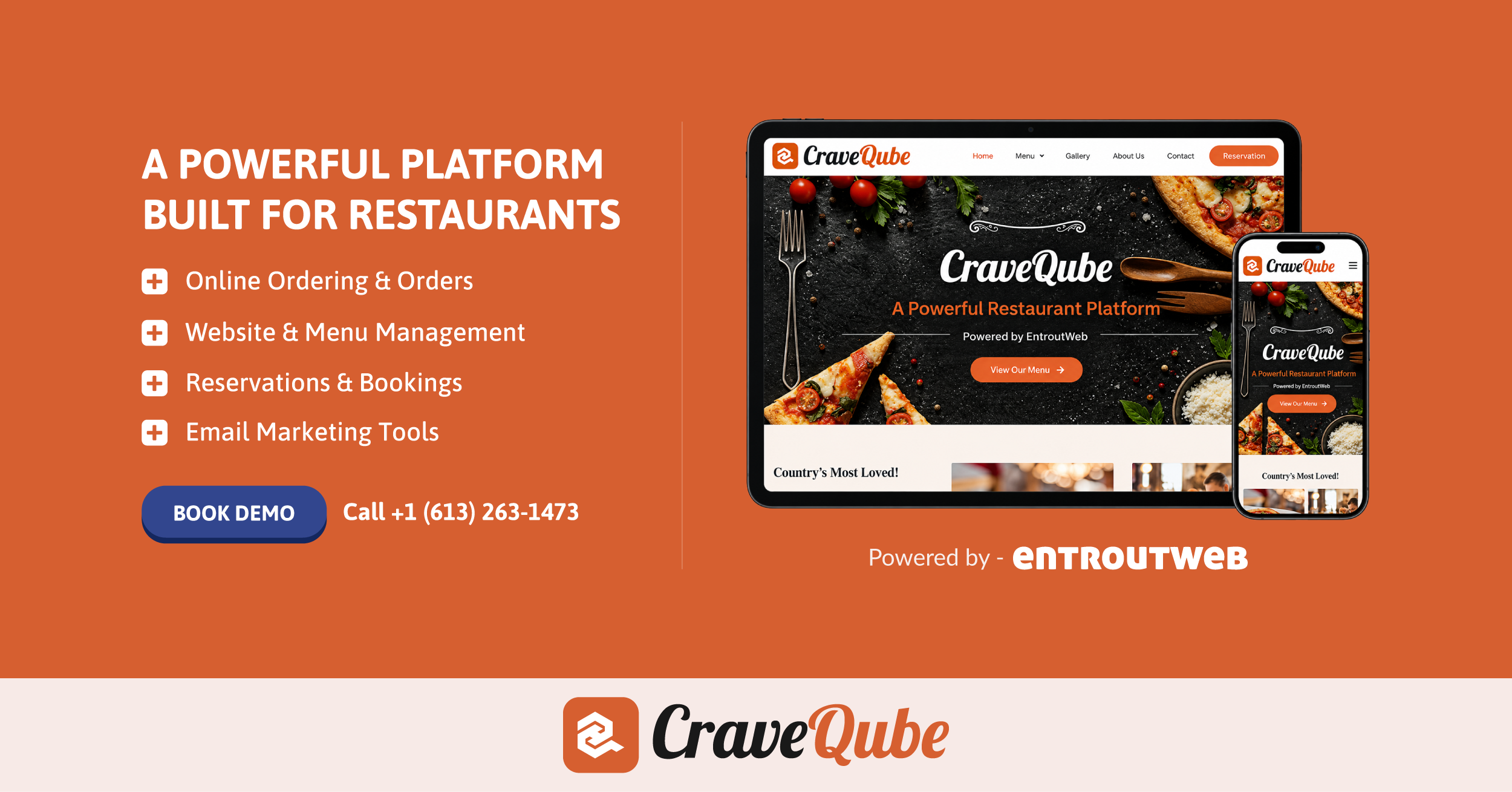 CraveQube restaurant platform with online ordering, website and menu management, reservations and email marketing
