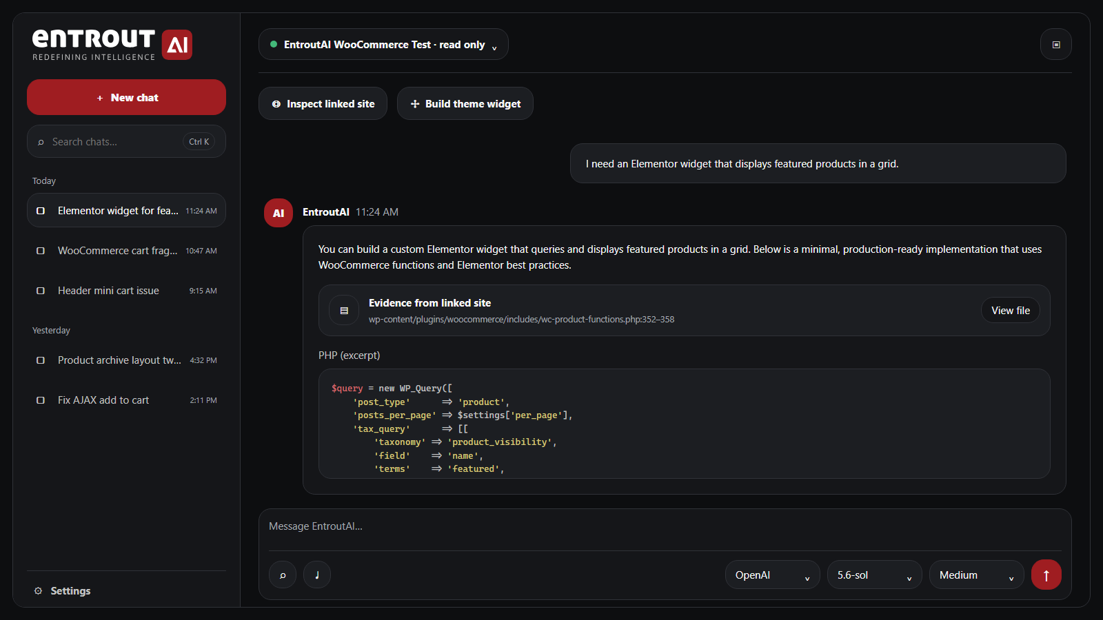 EntroutAI workspace generating a WooCommerce Elementor widget