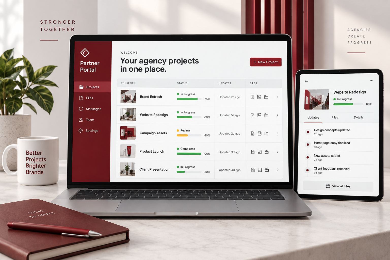Agency partner portal displaying project statuses, updates and files on desktop and tablet