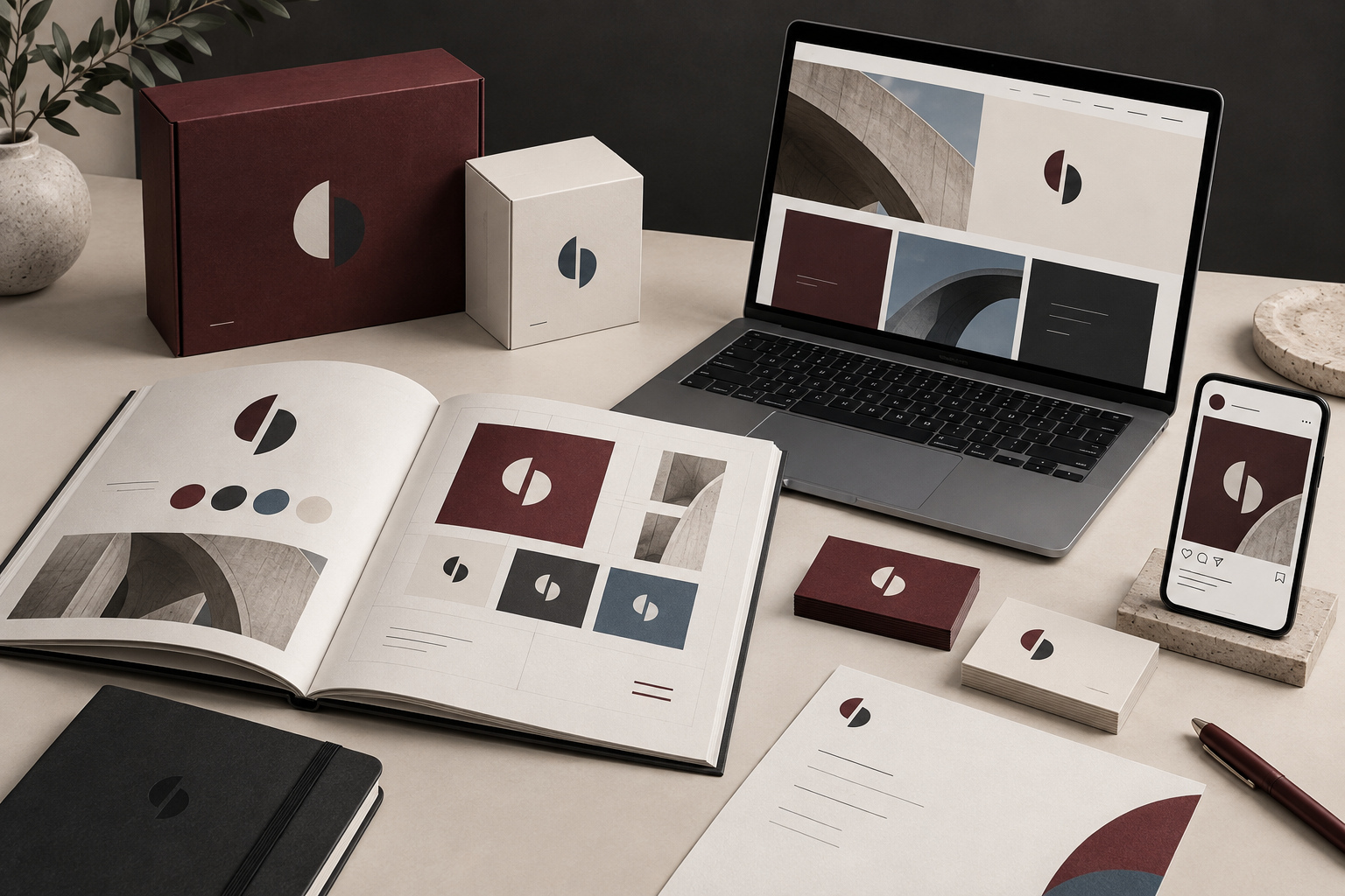 Coordinated brand identity applied across packaging, print, website and social media