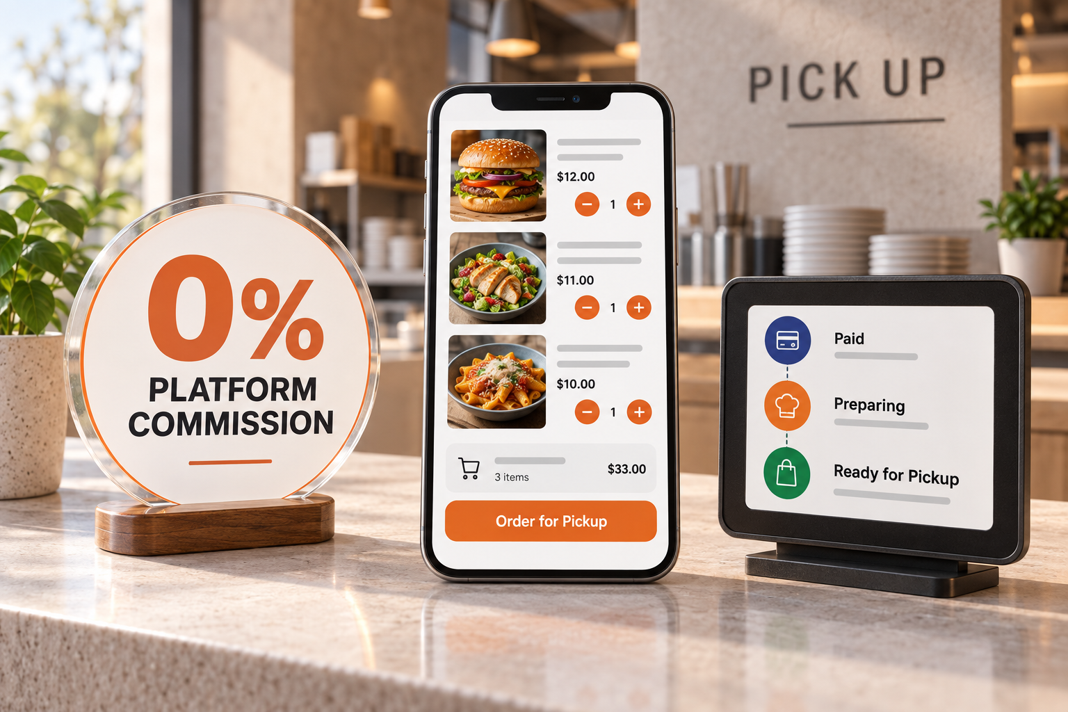Direct mobile restaurant ordering with pickup status tracking and zero platform commission