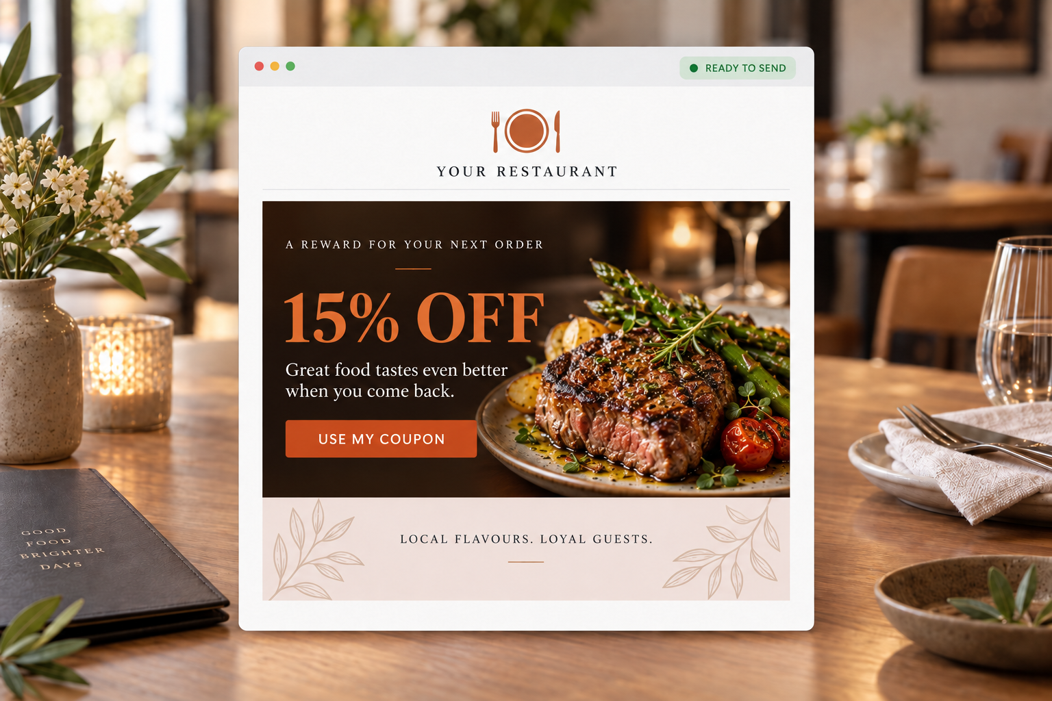 Restaurant loyalty email offering customers a coupon toward their next order