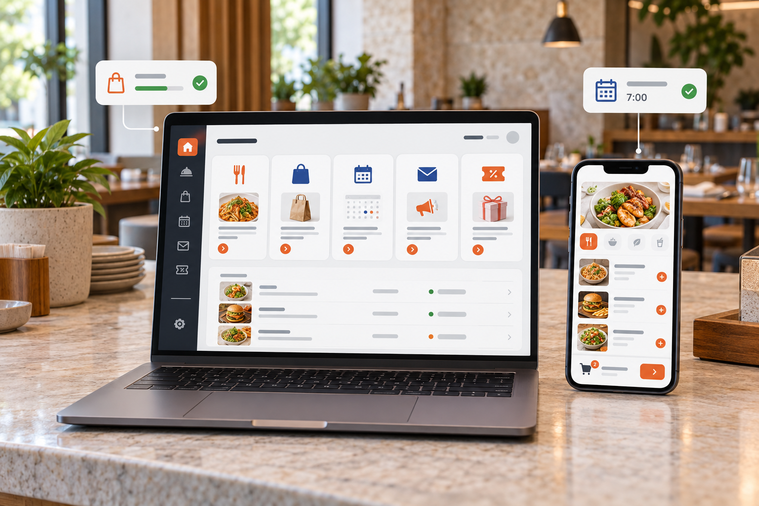 Restaurant platform connecting online menus, pickup orders, reservations, email marketing and loyalty tools