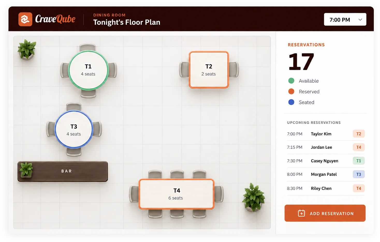 CraveQube reservation interface showing a restaurant floor plan, table availability and upcoming bookings