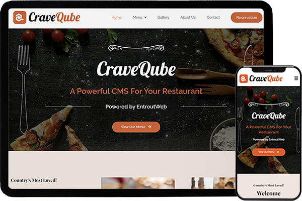 CraveQube restaurant website displayed on desktop and mobile