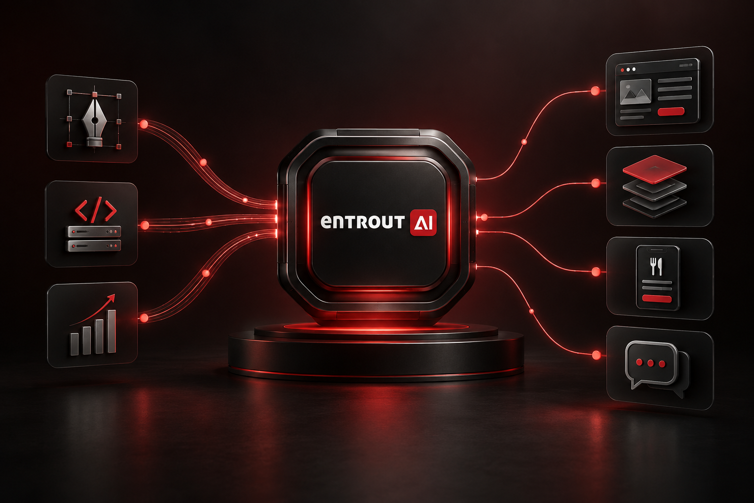 EntroutWeb expertise flowing through EntroutAI into services, Theme Suite, CraveQube and Zeus