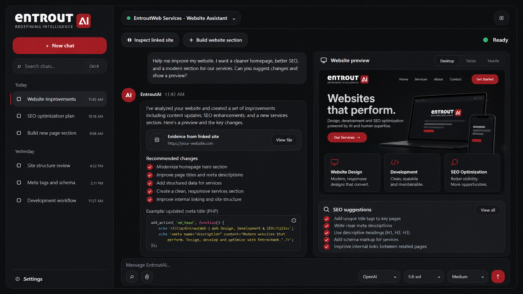 EntroutAI workspace supporting website design, development, SEO review and implementation planning