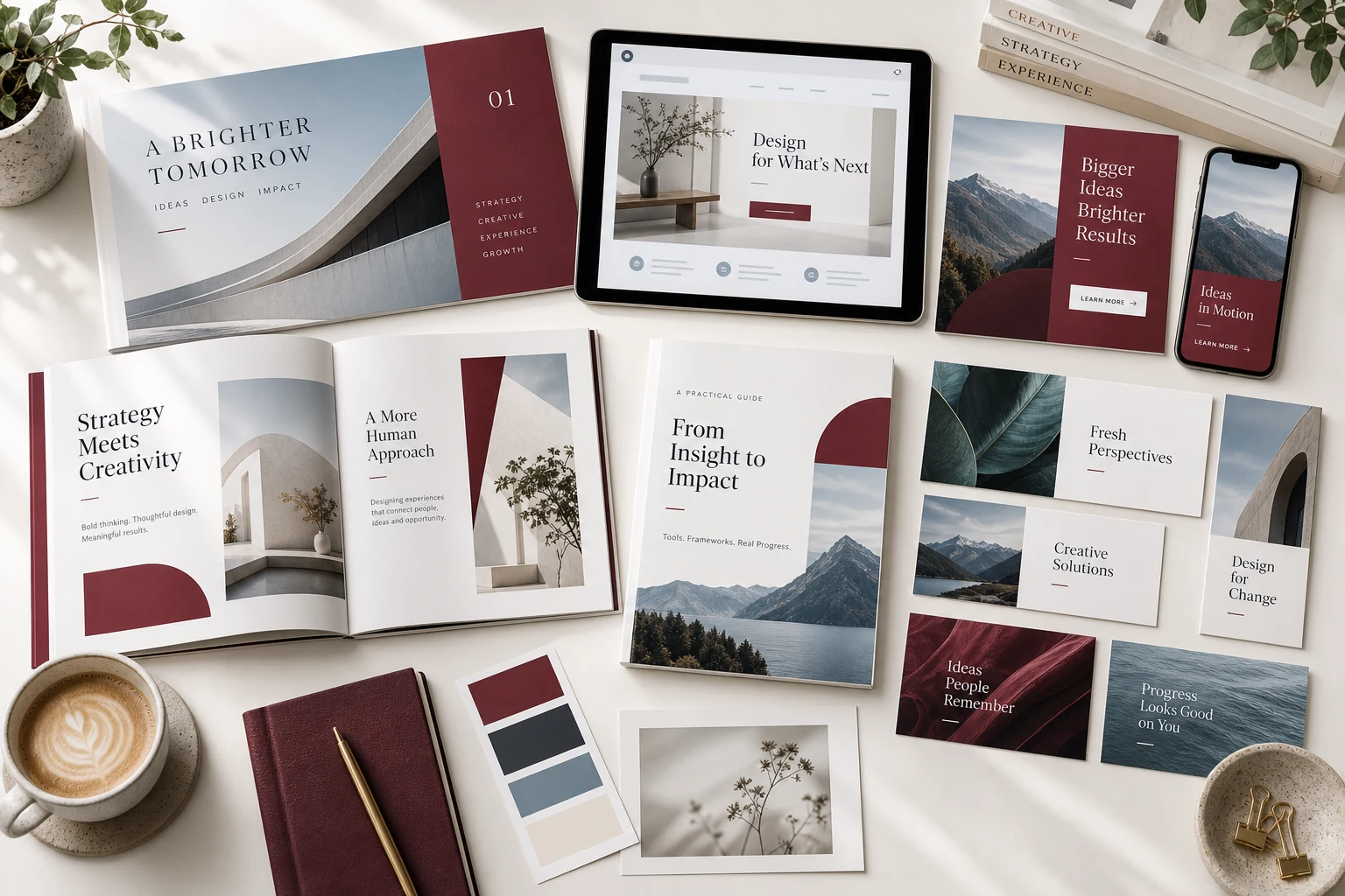Coordinated brand assets across print, web and mobile layouts