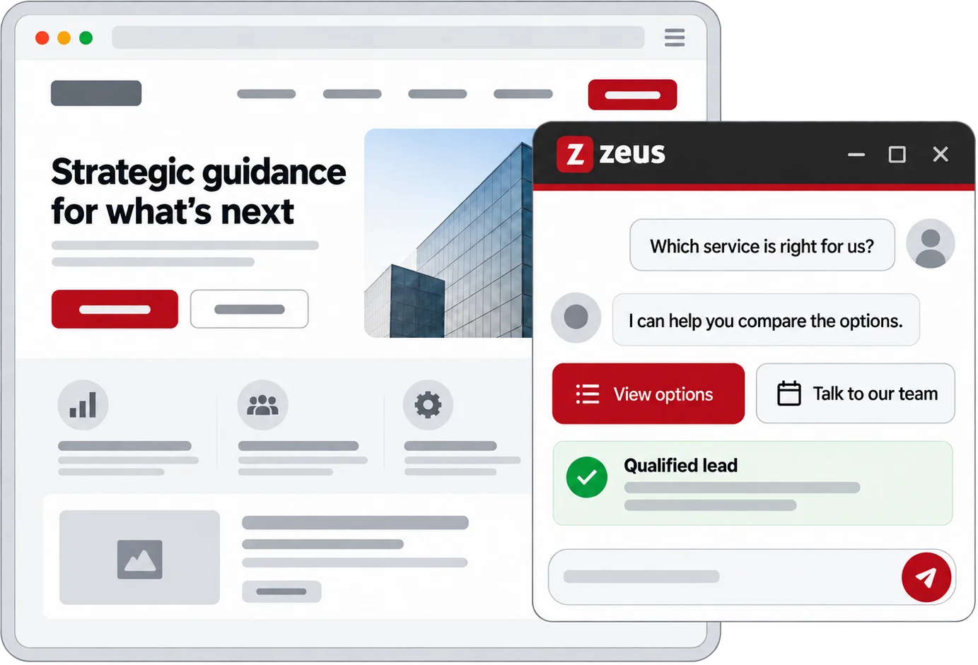 Zeus AI website chatbot guiding a visitor to services and capturing a qualified lead