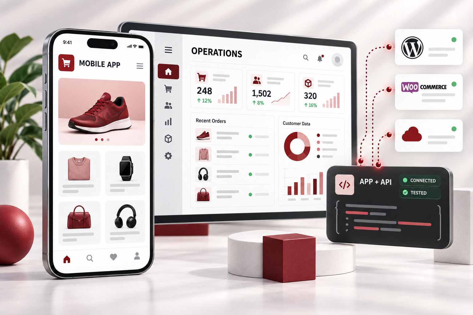 Mobile commerce app connected to WordPress, WooCommerce, cloud services and a custom API