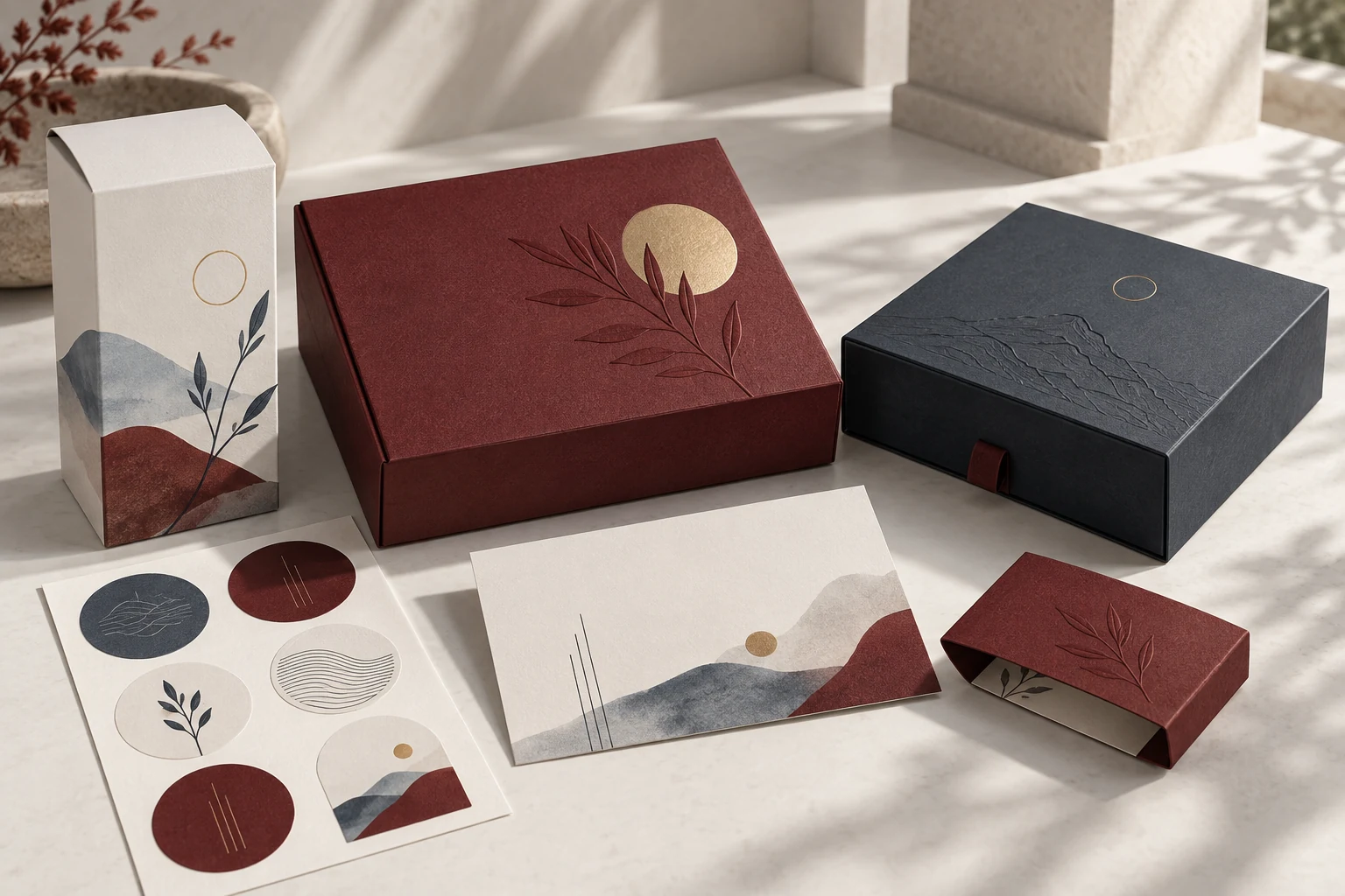 Coordinated packaging system with boxes, labels and printed inserts