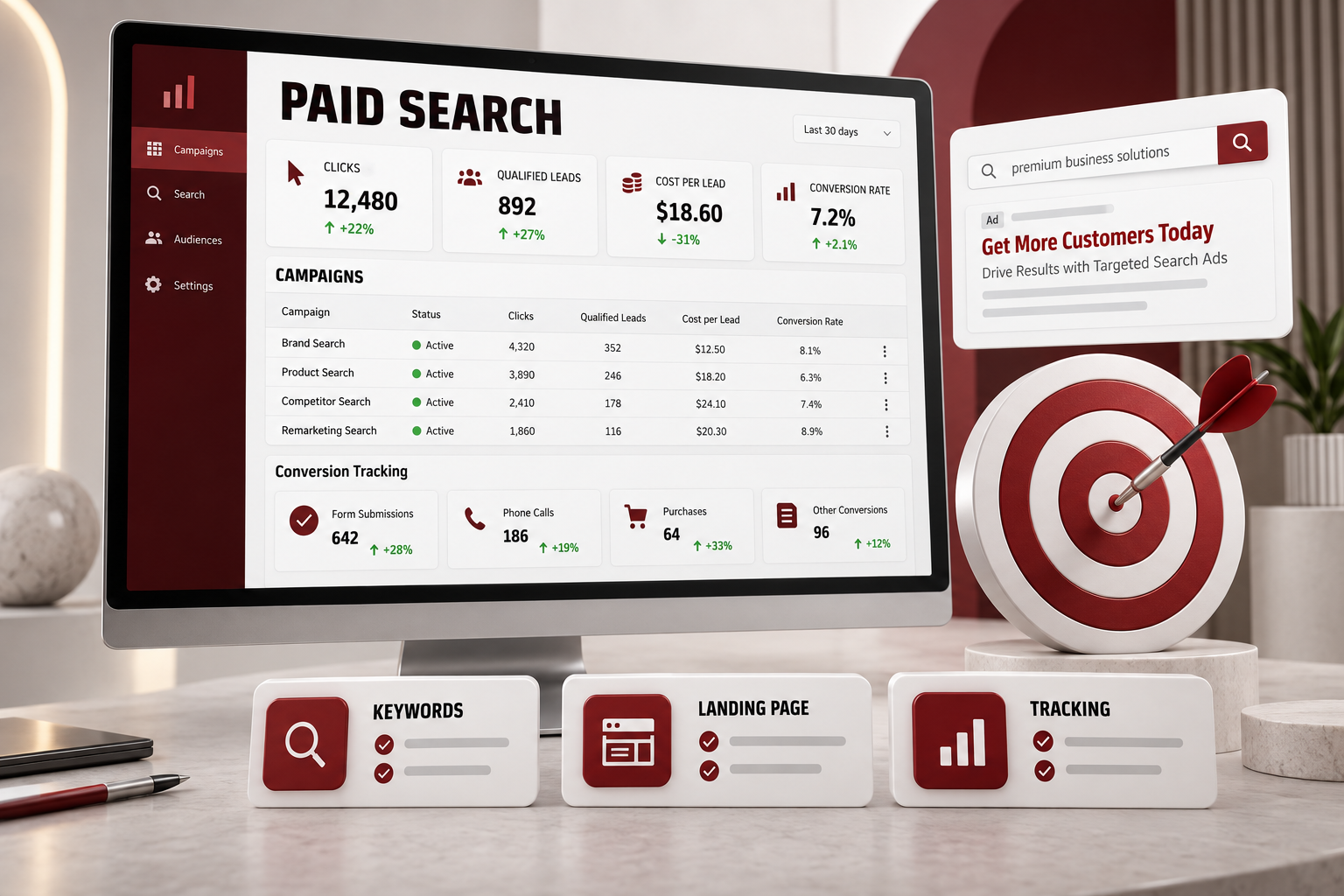 Paid search campaign dashboard showing clicks, qualified leads, costs and conversion tracking