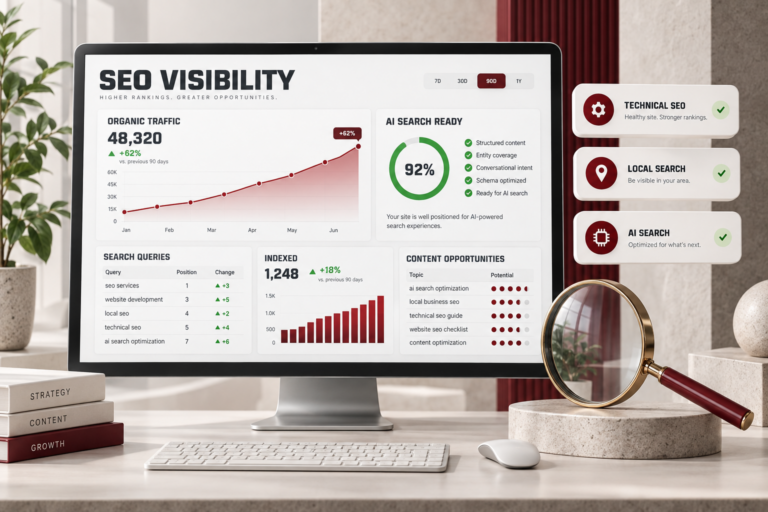 SEO visibility dashboard showing organic traffic, AI search readiness and technical SEO