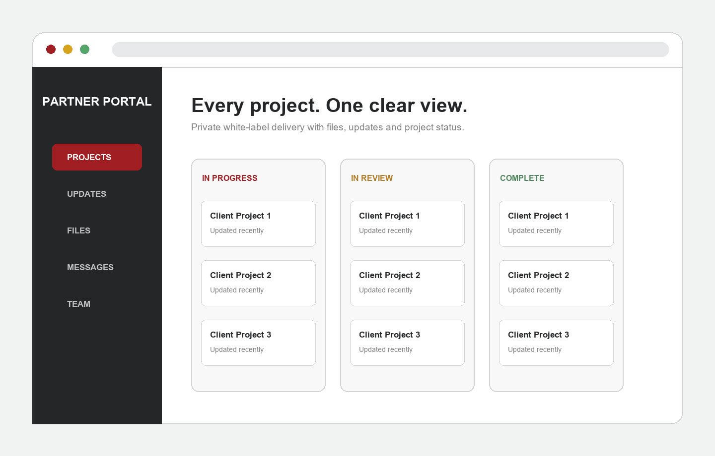 Agency partner dashboard showing projects, statuses, updates and files.