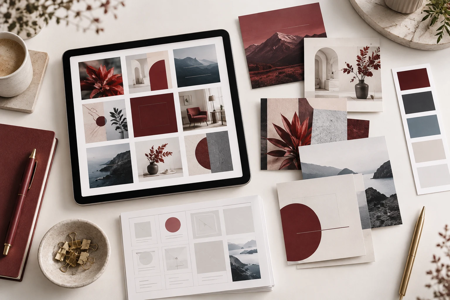 Social media graphics and colour palette arranged around a tablet