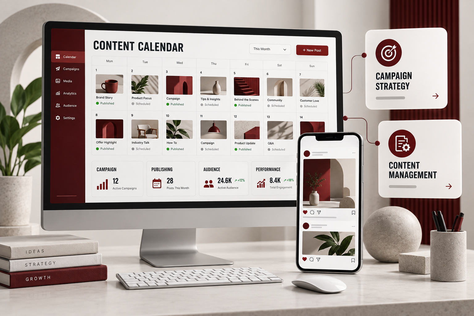 Social media content calendar and campaign performance displayed on desktop and mobile