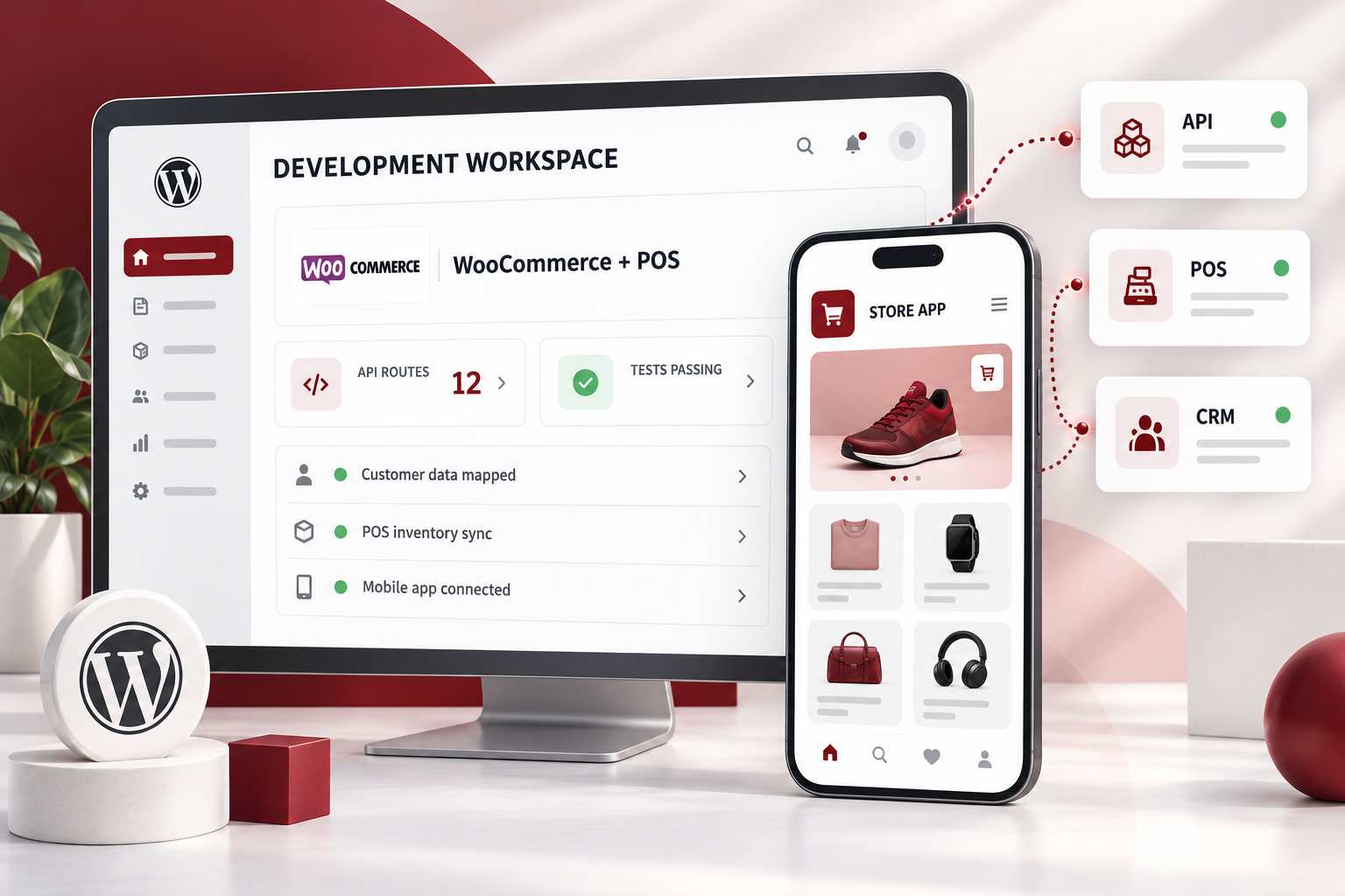 Connected WordPress, WooCommerce, mobile app, API, POS and CRM development workspace