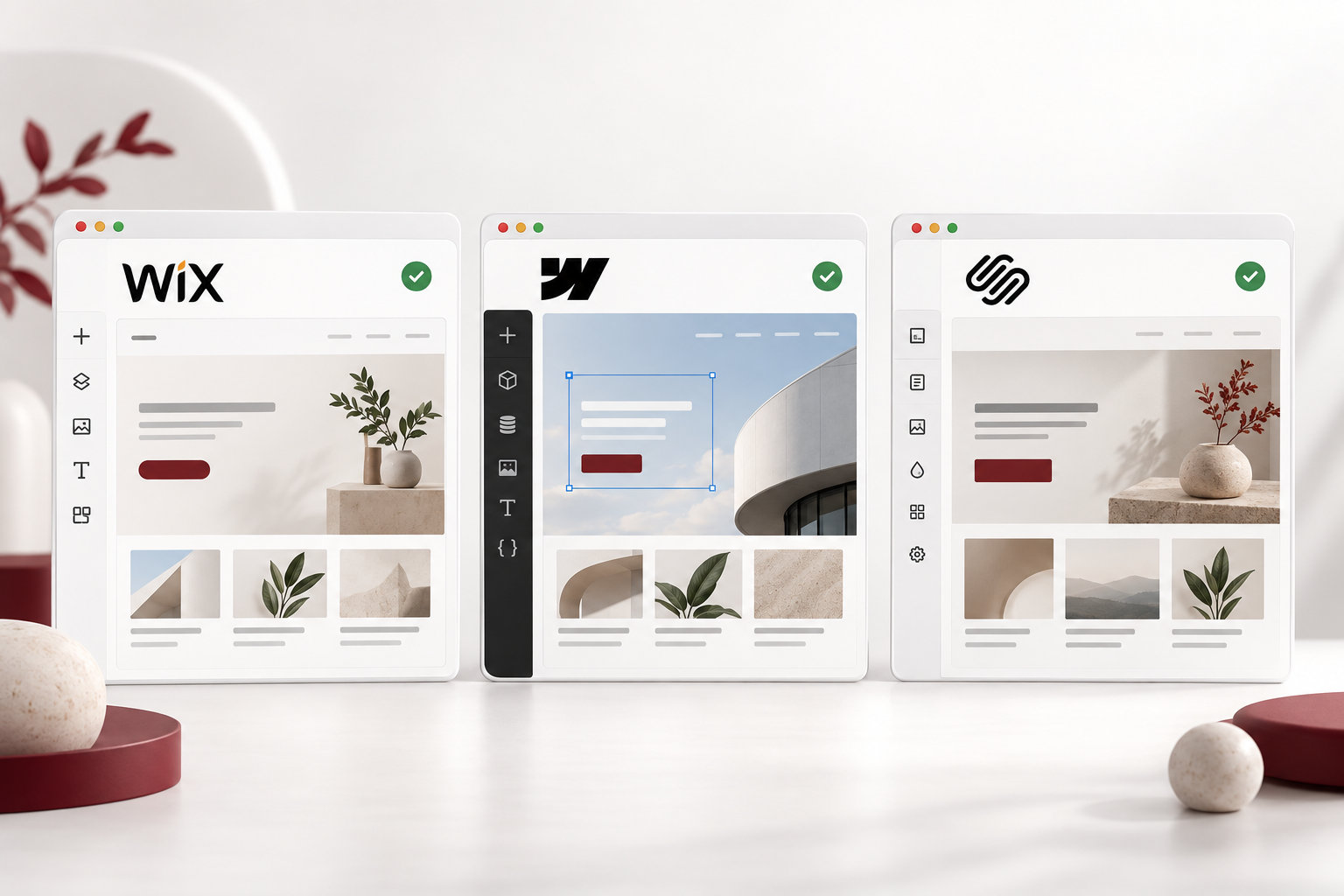 Wix, Webflow and Squarespace website editors displayed side by side