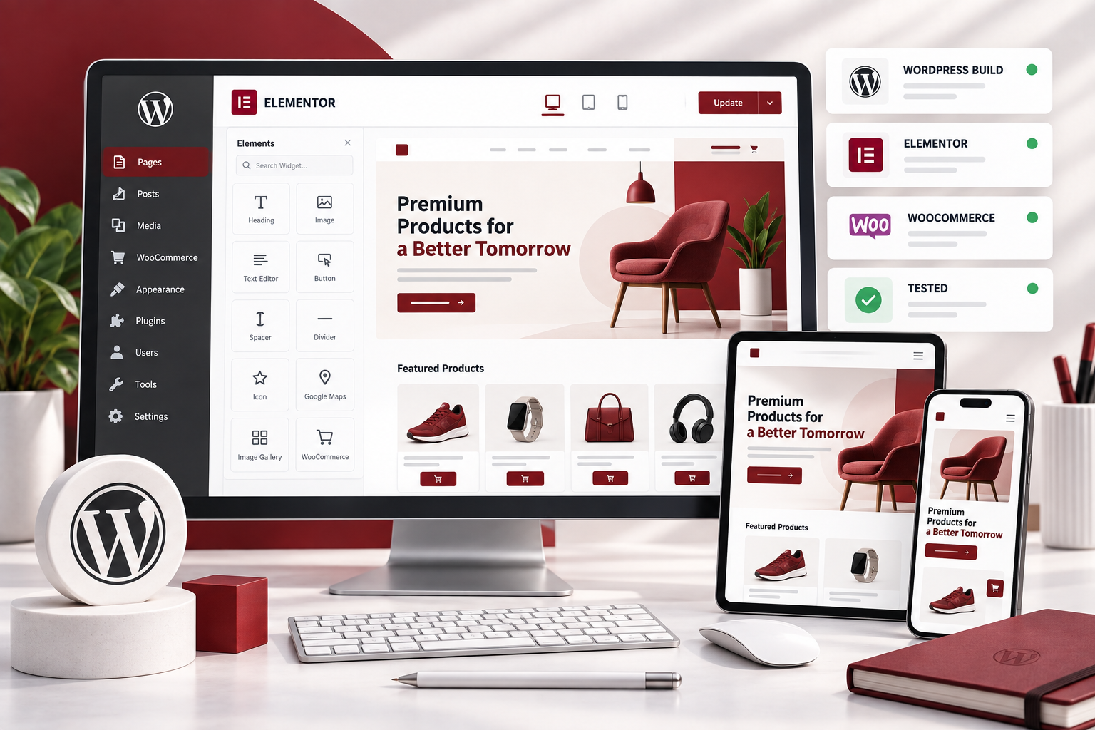 Responsive WooCommerce website being built with WordPress and Elementor