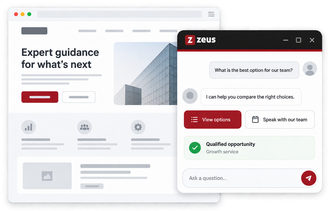 Zeus chatbot guiding a website visitor from a question to a qualified opportunity