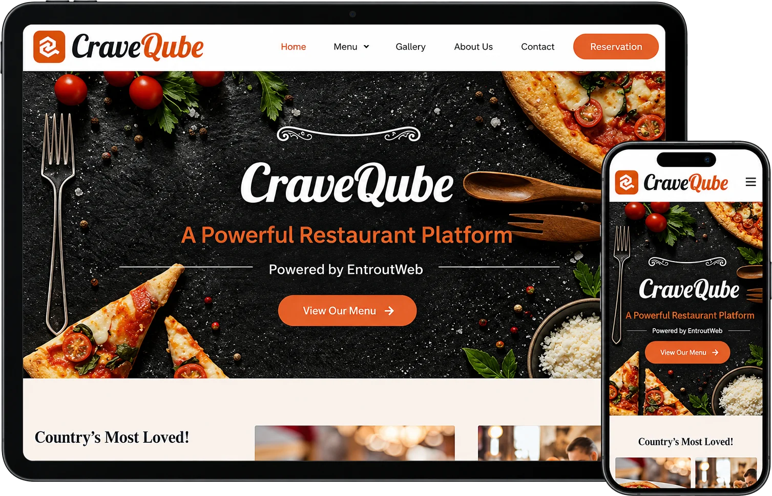 CraveQube restaurant platform displayed on a tablet and smartphone